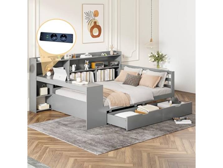 Ball & Cast Stauraumbett (140 * 200cm) mit Schublade, Schlafsofa mit Vielen Ablagefächern + Schreibtisch und USB-Anschlüssen, Einfach & Zeitsparend Montierbar, Grau