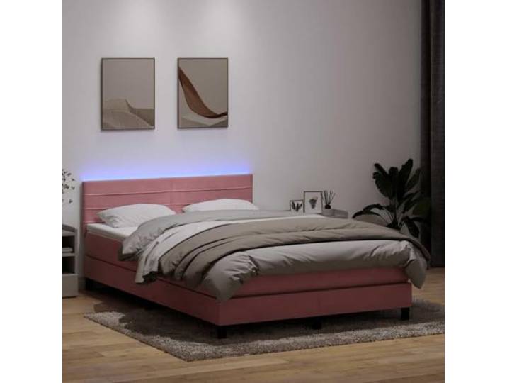 LPERTGFHU Boxspringbett mit Matratze & LED Rosa 140x210 cm Samt Inklusive Taschenfederkern, Höhenverstellbares Kopfteil, Moderne Lichteffekte