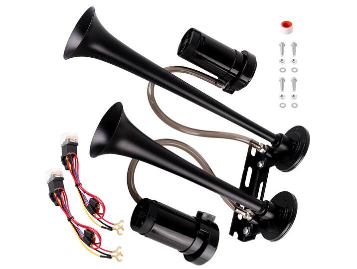 【130dB Grave】Kit Klaxon Camion 12V 2 Trompettes Métal avec 2 Compresseurs pour SUV Pickup Van - Son Bass Puissant