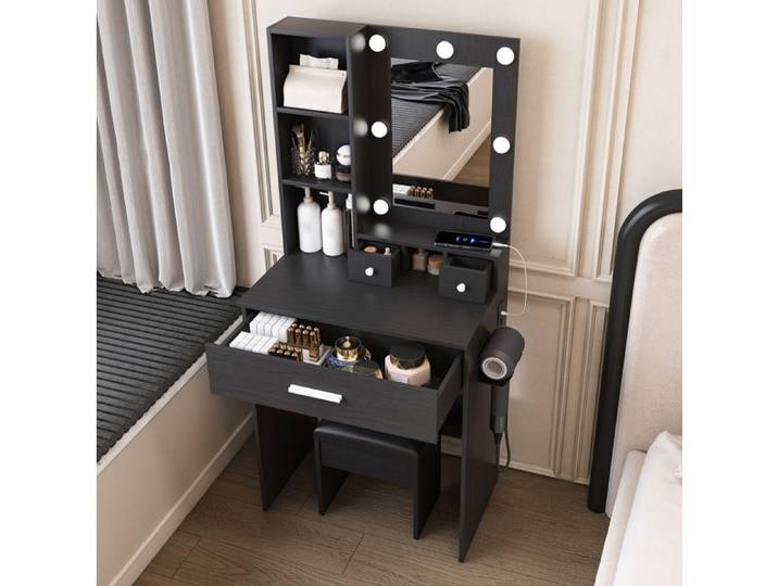 Coiffeuse noire avec miroir LED 3 modes prise intégrée support sèche-cheveux tabouret 60 x 38 x 131 5 cm