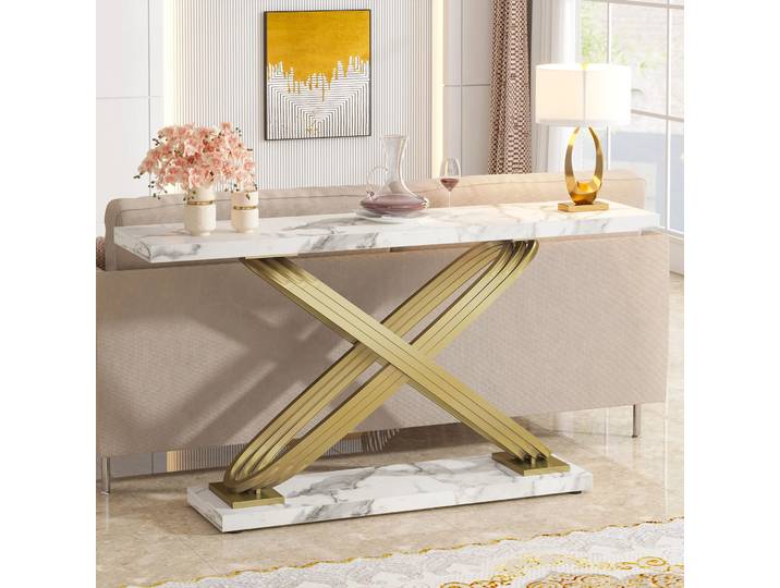 Tribesigns-Table console moderne de 55 pouces, table d'entrée en faux marbre doré derrière le canapé, table rectangulaire étroite
