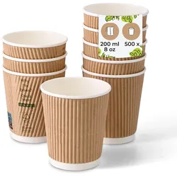 BIOZOYG 500 Stück Riffelbecher 200ml / 8oz Kaffee To Go Pappbecher, Braune Einwegbecher, Nachhaltig, Biologisch Abbaubar, Einwegbecher