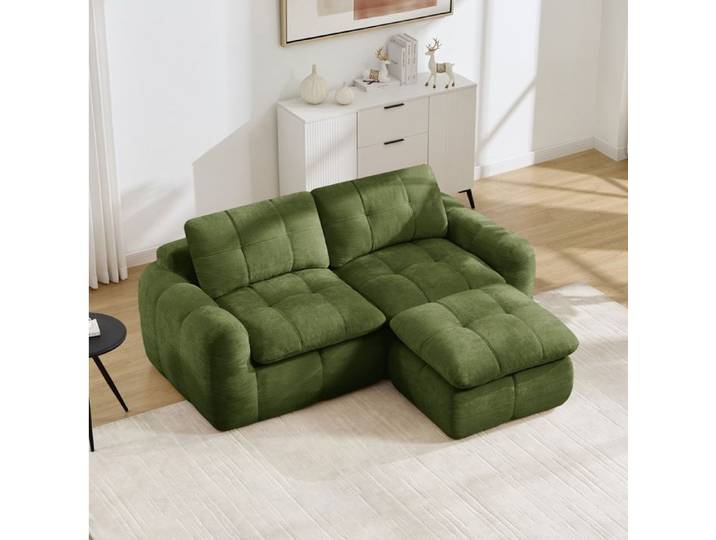 MEUBLIV Canapé modulable 2 places en L avec pouf chenille verte sans montage