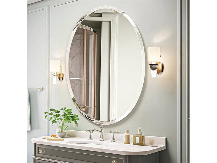 Miroir mural ovale sans cadre, miroir de vanité elliptique haute définition avec bordure argentée biseautée pour salle de bain, chambre à coucher, salon