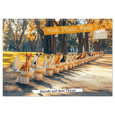 Sitz, Platz, Spül - Hunde auf dem Thron (Wandkalender 2027 DIN A3 quer), CALVENDO Monatskalender