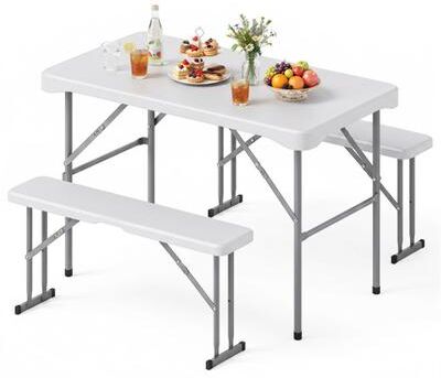 "Costway 44"" HDPE Folding Picnic Table Set with 2 Benches-White"