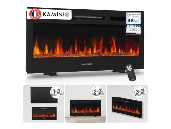 KAMINIO® Marlon Pro 36 Cheminée électrique chauffante à Effet Flamme Cheminée décorative 3 en 1 encastrable\, murale ou à poser\, LED feu 12 couleurs\, thermostat\, minuterie\, télécommande\, noir