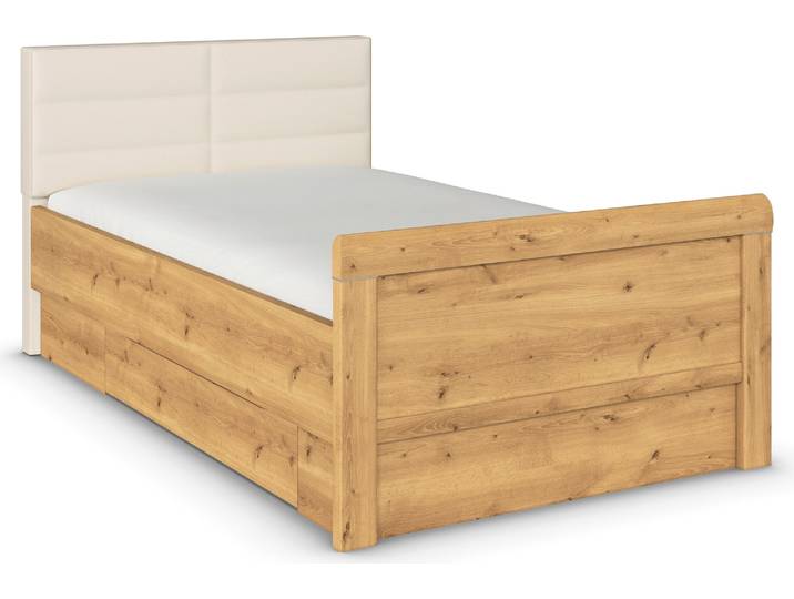 Stauraumbett RAUCH Bett Einzelbett Stollenbett Bettkästen EVELYN , braun (asteiche), B:129cm H:100cm L:214cm, Betten, Stauraumbett, in Komforthöhe mit Polsterkopfteil sowie Schubladen MADE IN GERMANY