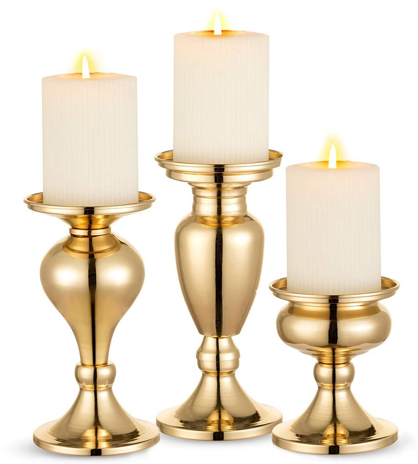 Set van 3 Metalen Pijler Kandelaars in Vintage Goud