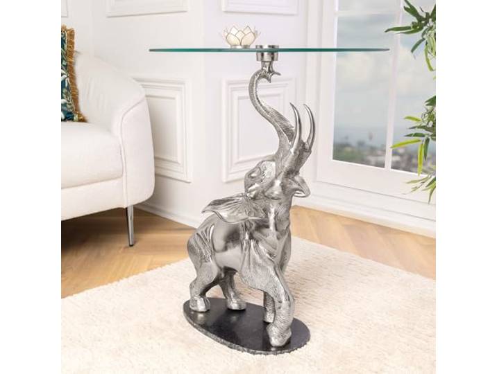 Beistelltisch ELEPHANT 60cm - schwarz silber - Sicherheitsglas Handgefertigt, detailgetreue Elefanten-Skulptur, hochwertig, angenehme Haptik, 20 kg Belastbarkeit, Aluminiumgestell