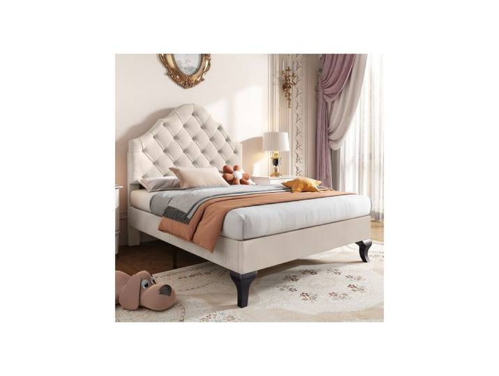 Lit rembourré 90x200 avec treillis et tête Lit rembourré avec tête réglable en hauteur Velvet Beige