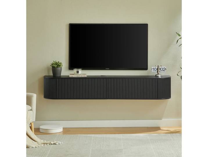 COVREO Meuble TV suspendu 180 cm noir rangement fermé portes rainurées et passe-câbles intégré