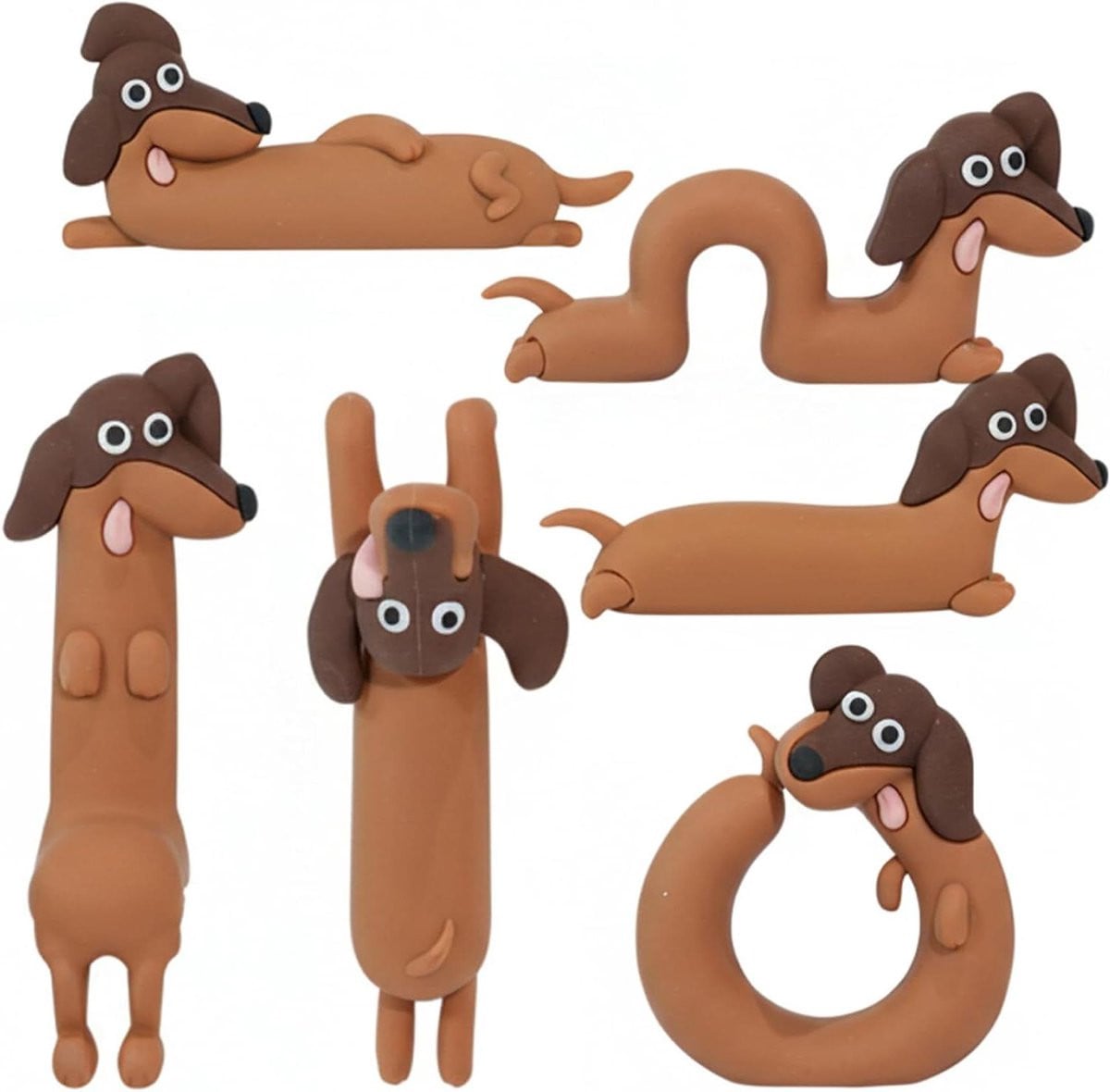 Set van 6 unieke Teckel beeldjes voor decoratie, bruin, mini formaat