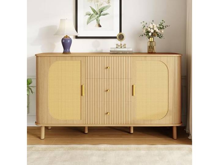 Merax Modernes Sideboard 140x40x80 cm, mit Schubladen, Regalen und Metallbeinen in Holzoptik, Rattan-Türblatt, gewellte Schubladen, Elegantes Wohnzimmermöbel, Holzfarbe