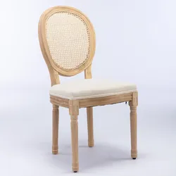 Merax Esszimmerstuhl 2er Set, Massivholz Stuhl französischer Stil, Rattan Rückenlehne, Stoff Leinenoptik, Polsterstuhl, Naturholz & Beige