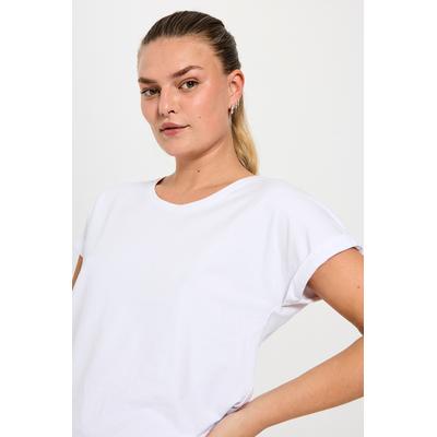 T-Shirt FREEQUENT "FQJOKE", Damen, Gr. L, weiß (brilliant weiß), Jersey, Obermaterial: 50% Modal, 45% Baumwolle, 5% Elasthan, unifarben, bequem hüftlang, Rundhals, Shirts T-Shirt, bequem geschnitten, mit Ärmelaufschlag
