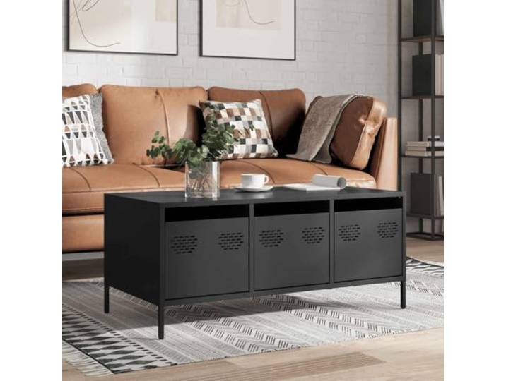 HEFZGDB Industrie-Stil Couchtisch Schwarz 101,5x50x43,5 cm aus Kaltgewalztem Stahl mit Verstellbaren Beinen und Praktischer Tür für Stauraum
