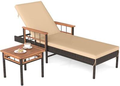 Costway Patio Rattan Chaise Lounge with Side Table and Adjustable Backrest-Beige