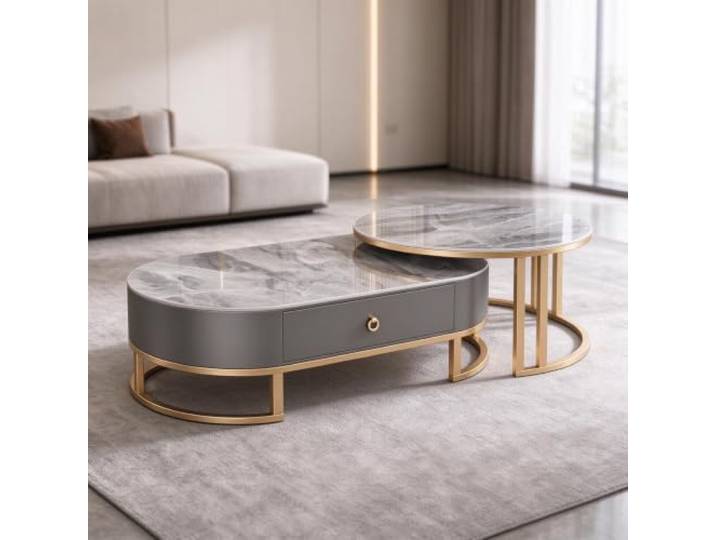 YHTCSXMD Ausziehbarer Couchtisch mit Steinplatte und Schublade Nesting Design, Steinplatte, Stahlrahmen, Holzschublade, couchtisch rund, couchtisch modern, Wohnzimmer