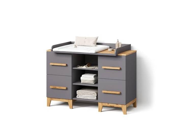 Livinity Wickelkommode Mailo , Grau/Artisan-Eiche 133 x 108 cm XL mit 4 Schubladenzur strukturierten Speicherung von Spielen und Wissen