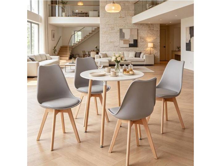 MEUBLIV Ensemble table ronde et 4 chaises gris blanc et bois