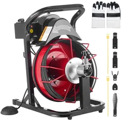 VEVOR Rohrreinigungsmaschine φ8 mm x 15 m, Reinigungsspirale mit Automatischer Zufuhr, 4 Schneidmessern & pneumatischem Fußschalter, Rohrreiniger für Rohre von 50 bis 100 mm, Rohrreinigungsgerät