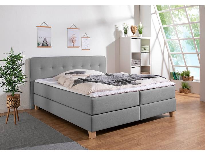 Boxspringbett, Strukturstoff, Hellgrau, 193×227 cm, Mit Topper, Modern, Home-affaire