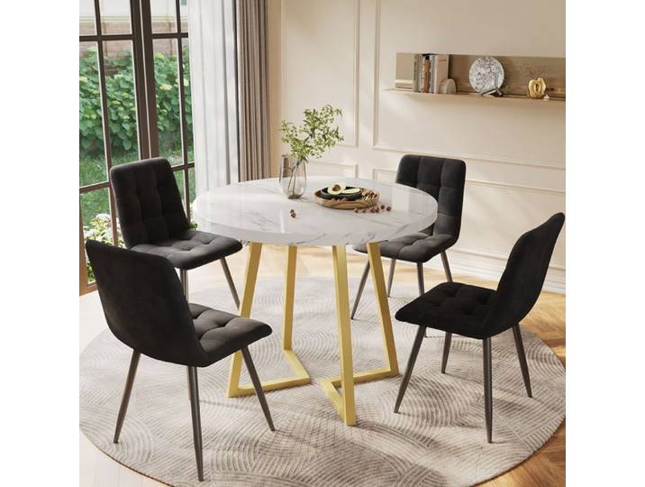 Kit table à manger (5 pièces) Kit moderne avec 4 chaises Table MDF blanche Chaises en velours noir Kit de cuisine