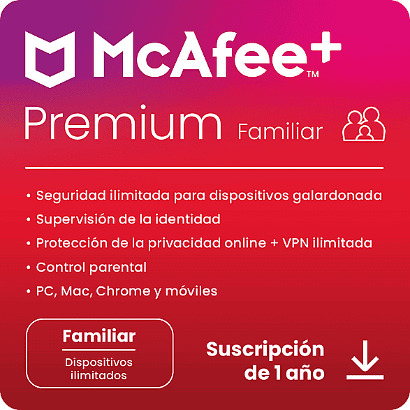 Antivirus - McAfee®+ Premium Familiar, Seguridad Internet, Dispositivos ilimitados, Suscripción 1 año, Código descarga