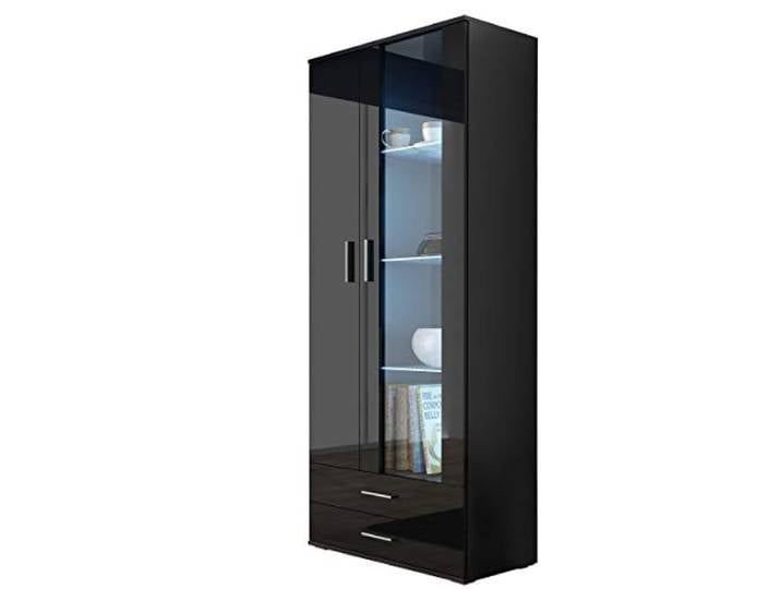 Vitrine mit Blauer LED Beleuchtung SOHO S6 Vitrinenschrank Standvitrine Stauraumvitrine Glasvitrine Schrank Wohnzimmerschrank (Schwarz/Schwarz Hochglanz)