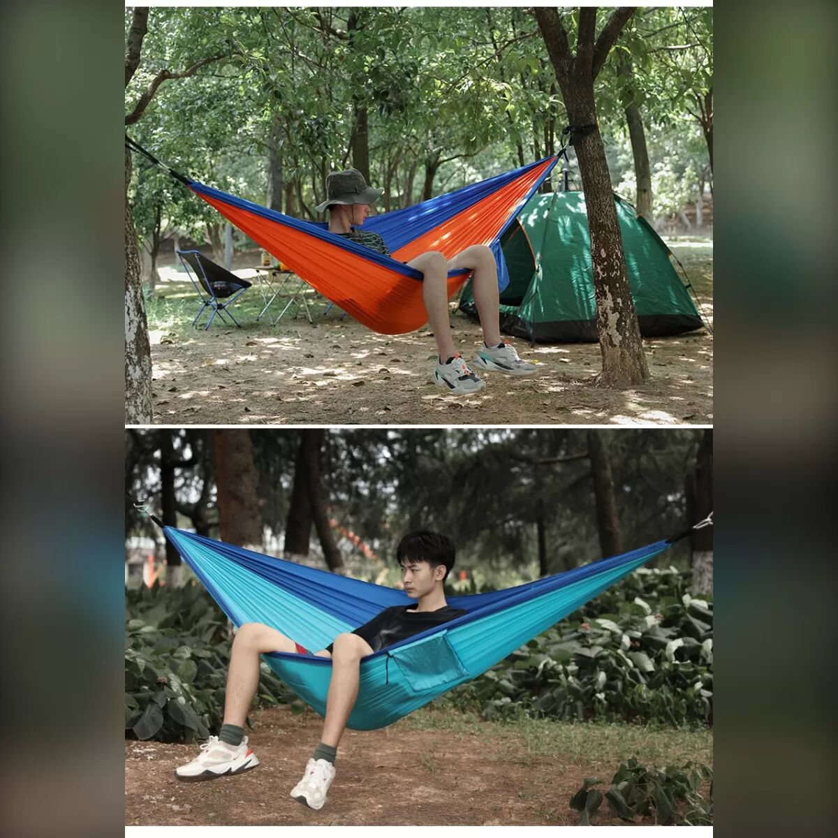 INF Doppelte Outdoor Camping Hängematte 275cm x 140cm, 210T Nylon, Zweipersonen-Reisehängematte mit Anti-Kipp-Design Dunkelgrün