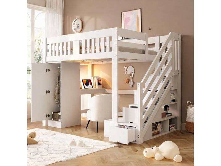 Lit mezzanine bois blanc 140x200 cm avec bureau penderie coffres et éclairage LED