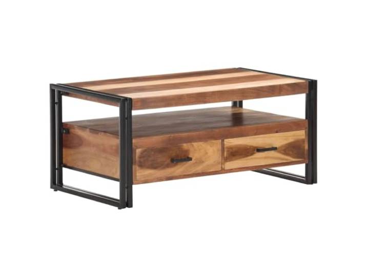 Couchtisch Massivholz Akazie 100x55x45 cm mit 2 Schubladen und Ablage Massives Akazienholz, 2 Schubladen, Ablage, pulverbeschichtete Stahlbeine, industrieller Stil