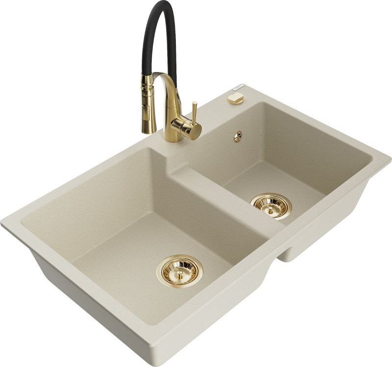 Mexen Tomas 2-Becken-Granitspüle mit Mischbatterie Aster, Beige - 6516-69-73450-57-G