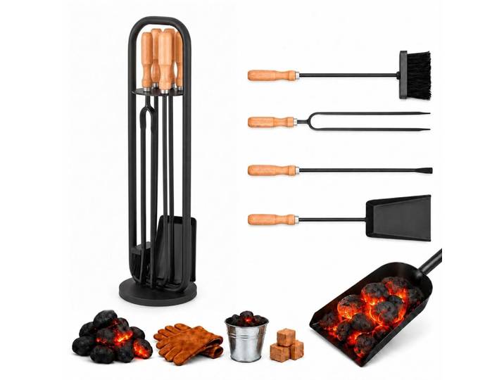 Relaxdays Kaminbesteck Schwarz Natur 5er-Set Ständer, Metall, Holz, 17x75x17 cm, Kleinmöbel, Kamine & Zubehör