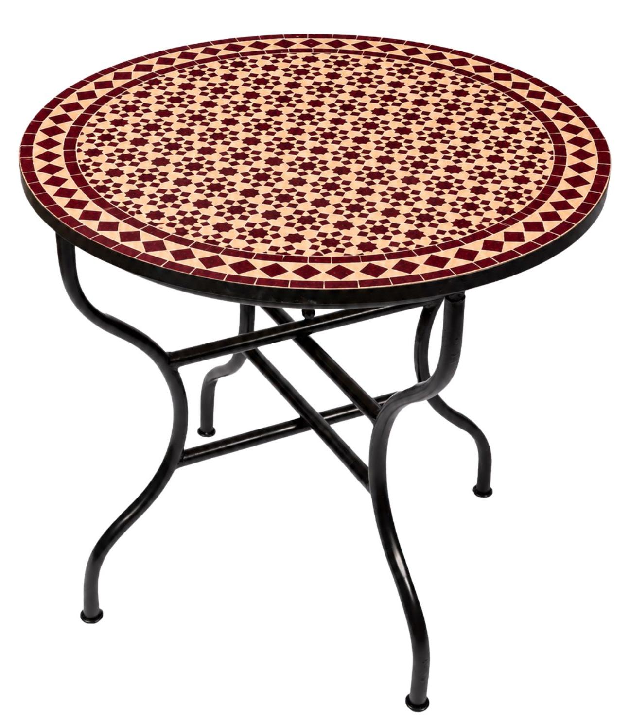 Marokkanischer Mosaiktisch Albaicín Bordeaux Natur Ø100cm | handgefertigter Esstisch aus Schmiedeeisen & Mosaik | orientalisch mediterraner Gartentisch | Boho Wohn- & Terrassentisch
