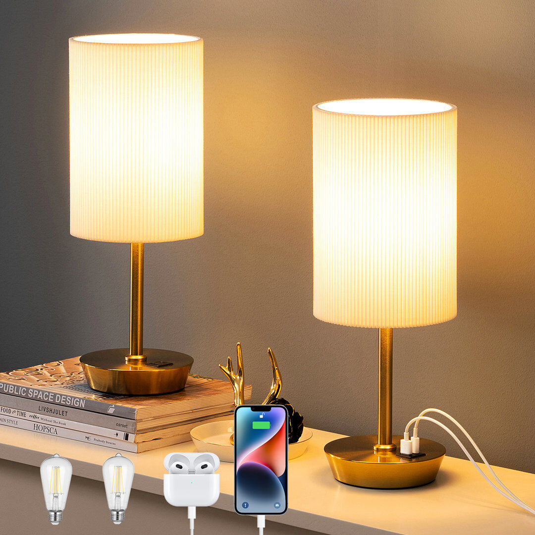 Fairmont Park 39cm Dimmable USB Metal Table Lamp with Linen Shade, Touch Control Gold 39cm H X 15cm W X 15cm D