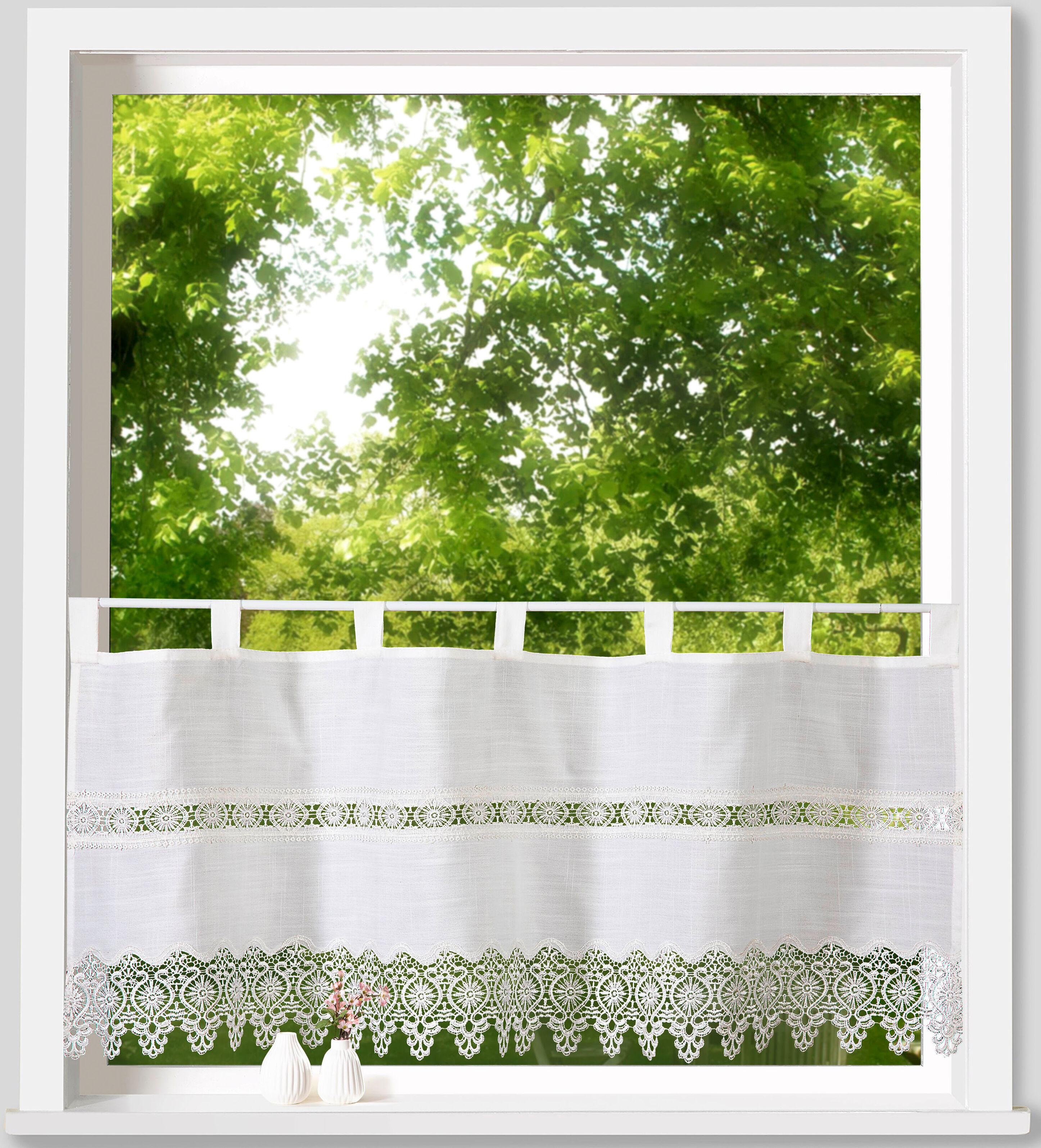 Scheibengardine WECKBRODT "Tamino" Gr. 1, beige (natur), B:120cm H:45cm, Polyester, Gardinen, Scheibengardine, Bistro, Gardine, blickdicht, Häkelborte u.Bordüre, HxB 45x120cm, Store natur 45cm, Schlaufen, 120cm