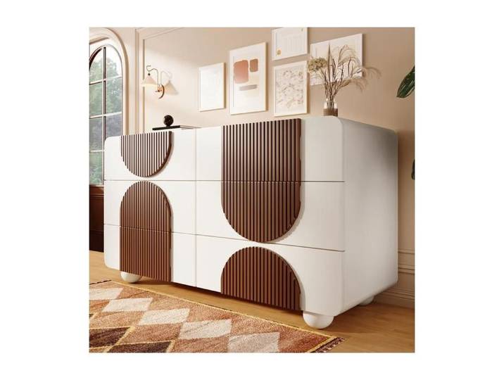Commode 121x41x71 cm avec 6 tiroirs au design incurvé Buffet bas avec dispositif anti-basculement Buffet salon en blanc