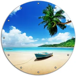 Wallario Gartenposter ca. 120 x 180 cm Urlaub am Palmenstrand unter Palmen mit Fischerboot