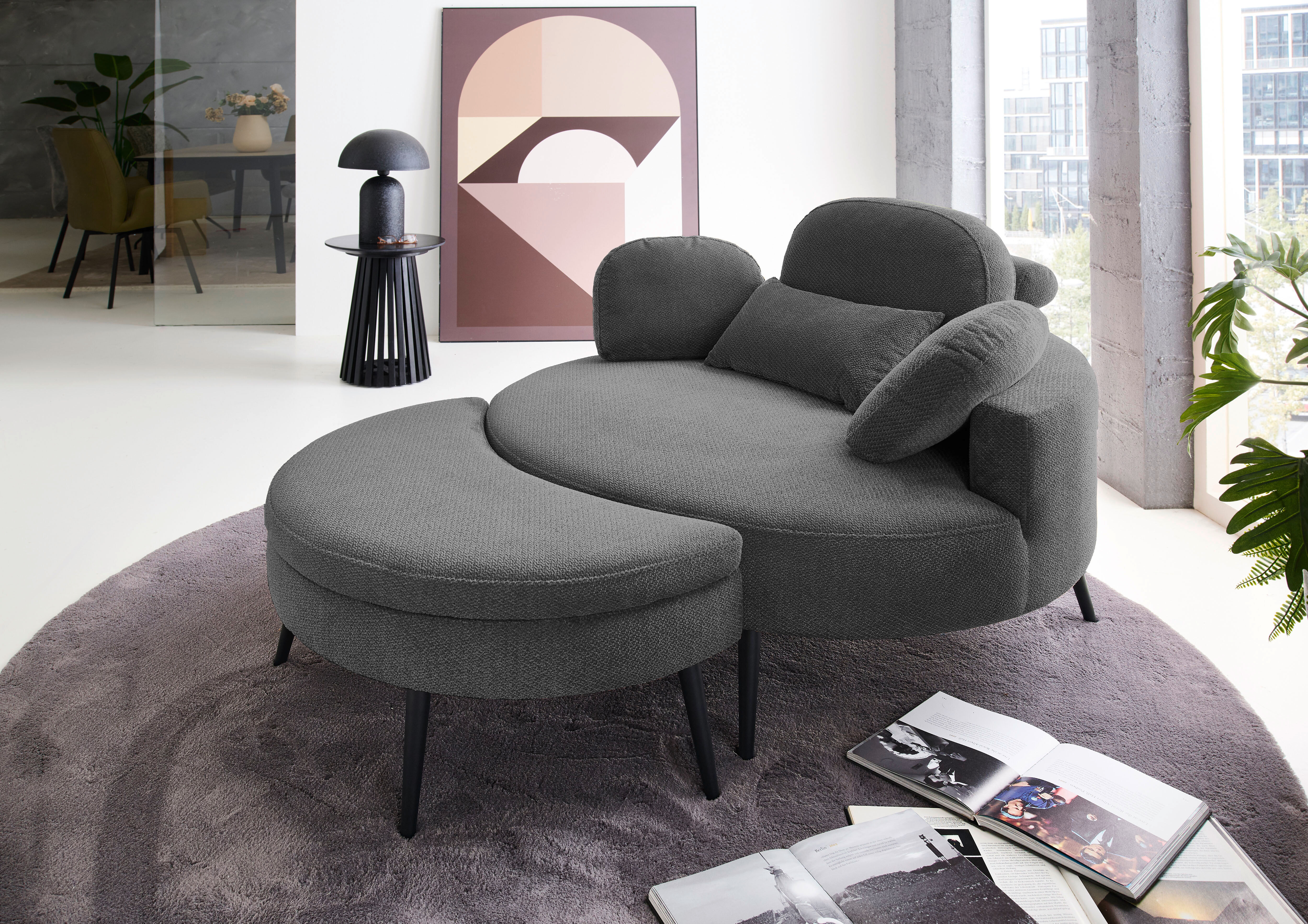 Loveseat GOODPRODUCT "Riko Sessel, B: 110 cm, Sitzhöhe: 44 cm", grau (dunkelgrau), B:110cm H:84cm T:110cm, 95%Polyester, 5%Polyamide, Sessel, Loveseat, XXL- Sessel, mit Stauraumhocker, Rückenstütze & 4 Zierkissen dunkelgrau Struktur, Kopfstützenverstellun