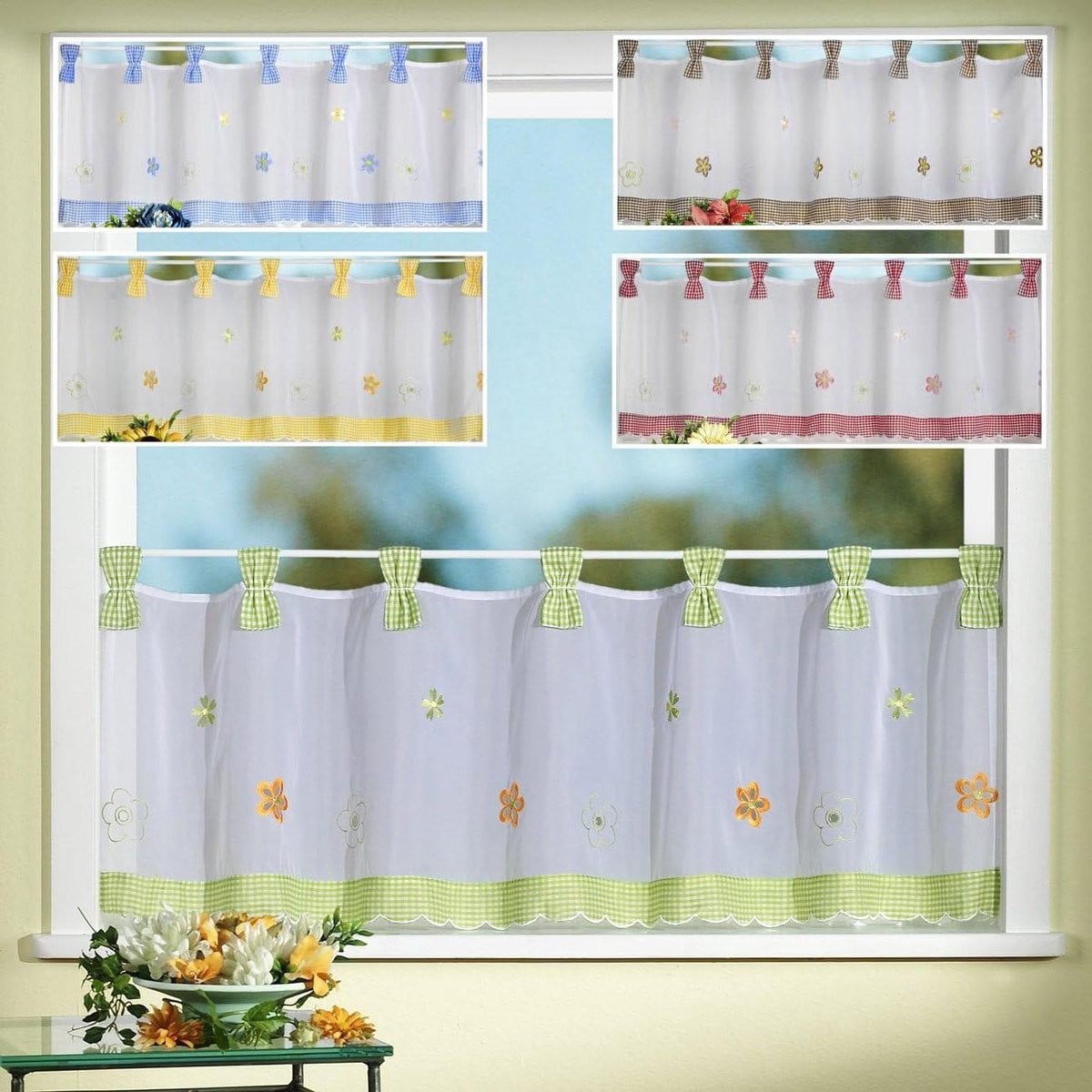Geel Vitrage Keukengordijn met Geborduurd Bloemenmotief - Bistro Gordijn Inbetween - 45 x 150 cm