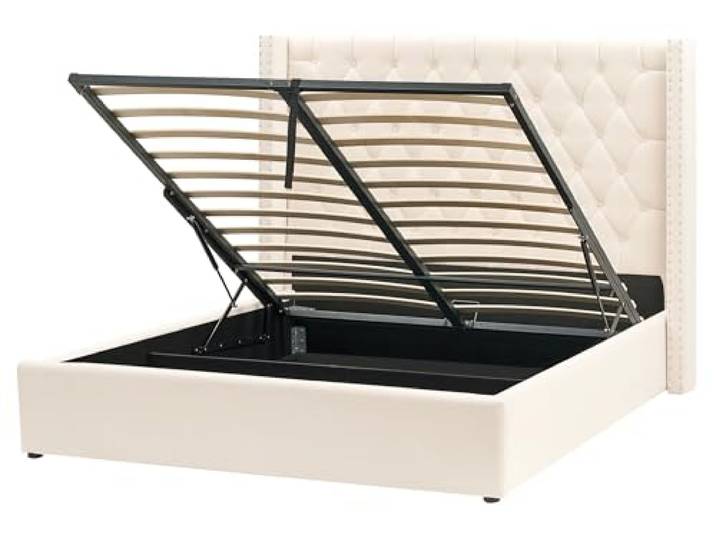Beliani Bett mit Stauraum Cremeweiß Samtstoff 160x200 Polsterbett Hohes Stoff, Weiß, Glamourös, Belastbarkeit 200 kg, 160 x 200 cm, 100% Polyester