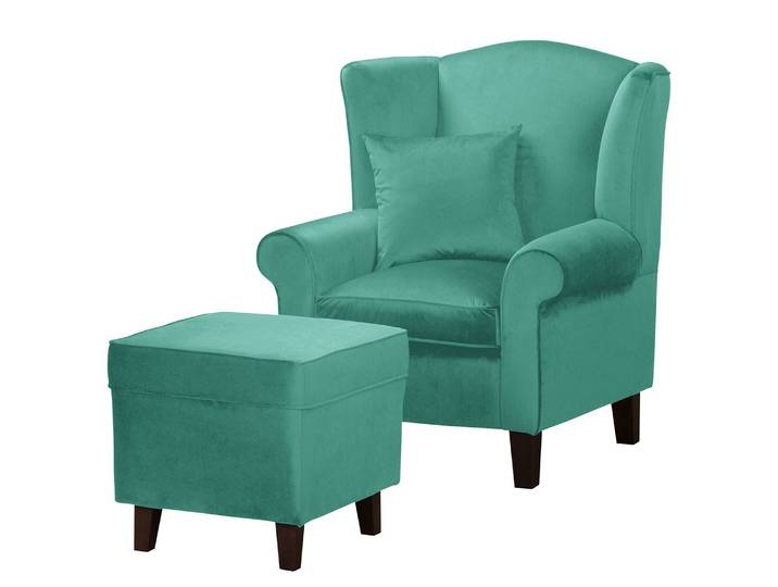 Ohrensessel Blau Samt Vaia mit Hocker 80 x 95 x 78cm