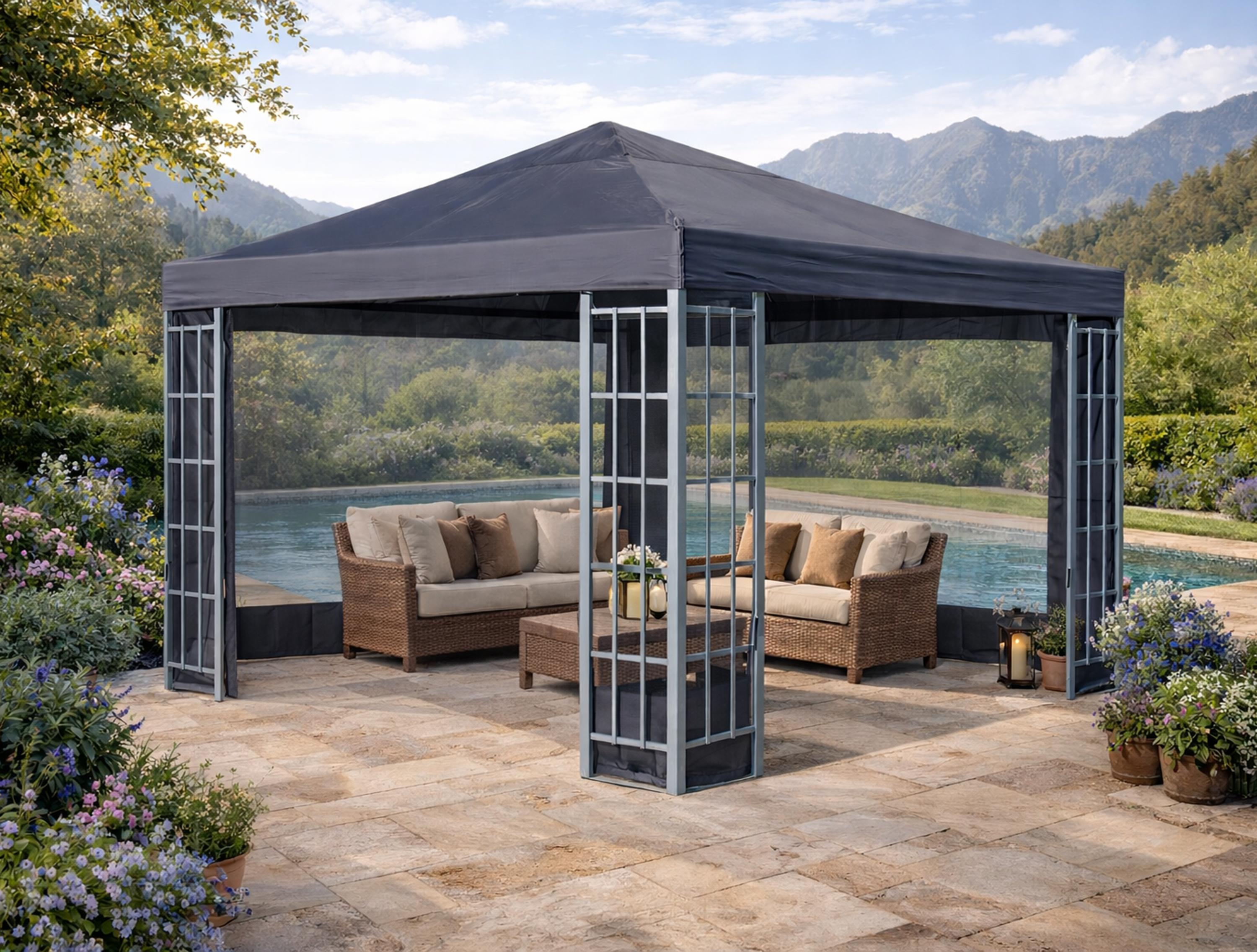 Rank Pavillon Set 3x3m Metall Garten Partyzelt Anthrazit mit 2 Seitenteilen mit Fenster