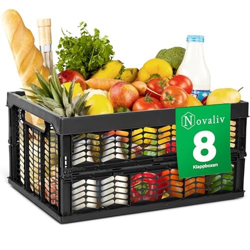 Novaliv Set van 8 Opvouwbare Boodschappenkisten met Handvatten, Zwart, 30 Liter per stuk