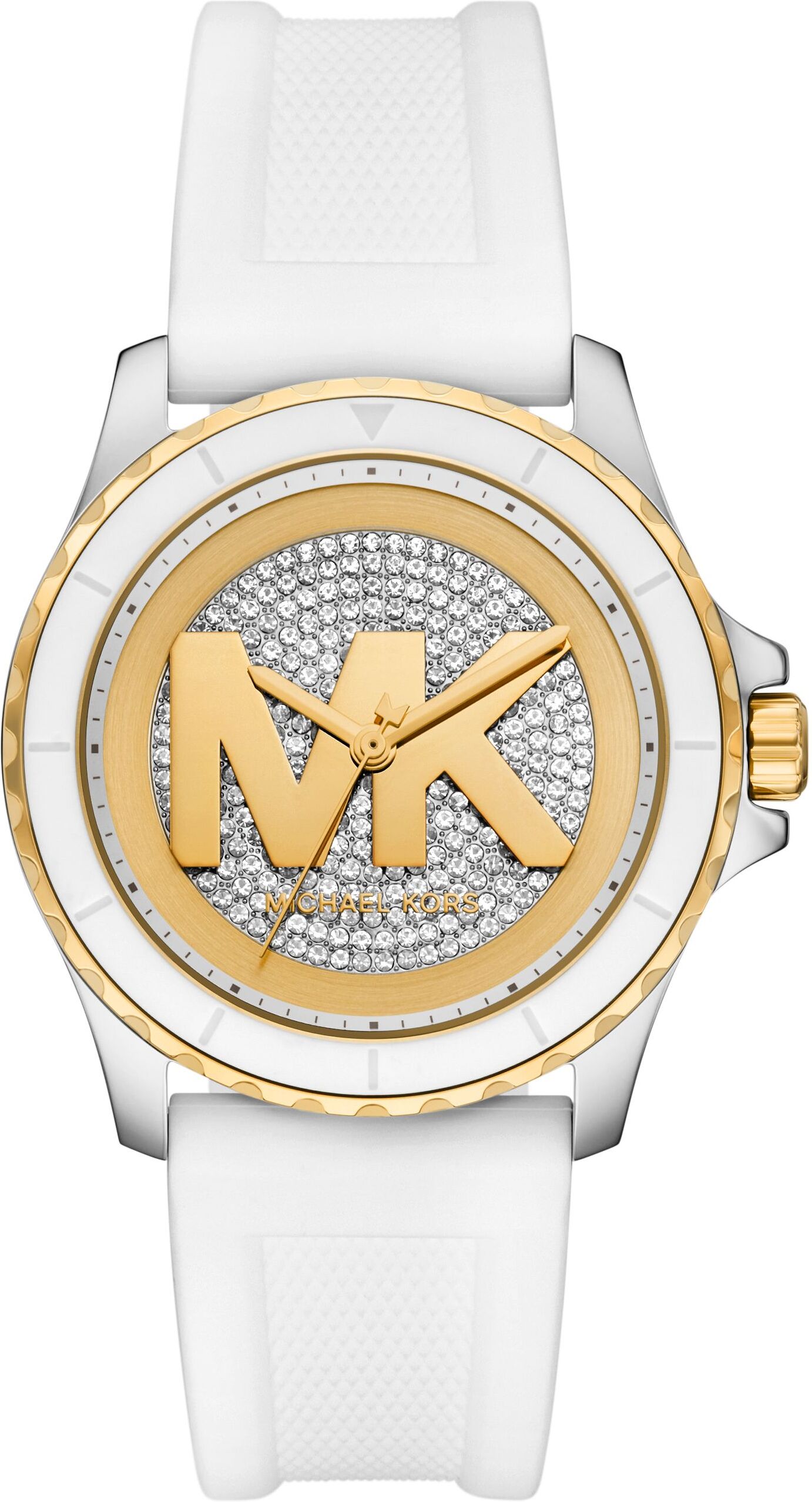 Quarzuhr MICHAEL KORS "Everest", gold (weiß), Armbanduhren, Damen, Quarzuhr, Armbanduhr, Silikonarmband, analog, Glassteine