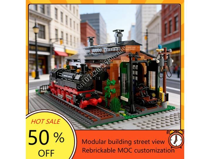 2331 pièces – Ancien hangar à locomotives modulaire MOC-910033 – Modèle créatif de vue sur rue – Puzzle personnalisé – Modèle d'architecture à assembler – Jouet cadeau