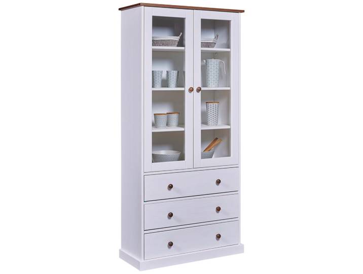 Mid.you Vitrine, Weiß, Eiche, Holz, Kiefer,Kiefer,Kiefer,Kiefer, massiv, 3 Fächer, 3 Schublade(n) Schubladen, 90x190x38.4 cm, Wohnzimmer, Wohnwände, Vitrinenschränke