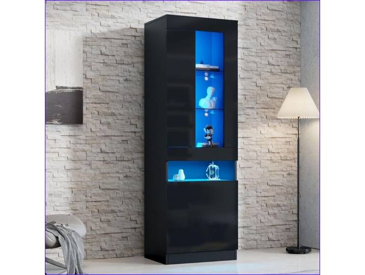 Vitrine LED Moderne - Meuble Éclairage USB Espace Rangement Ample Noir